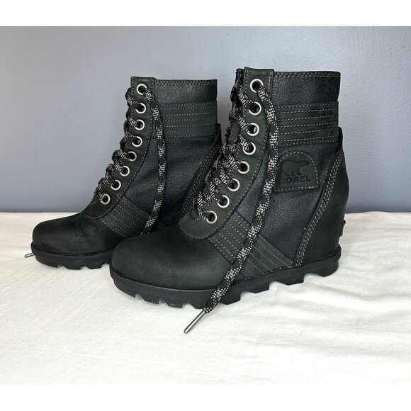 Sorel Lexie Wedge Boots Womens Size 7 Black Lace Up Ankle Booties Lug NL3046-010 - Picture 3 of 16